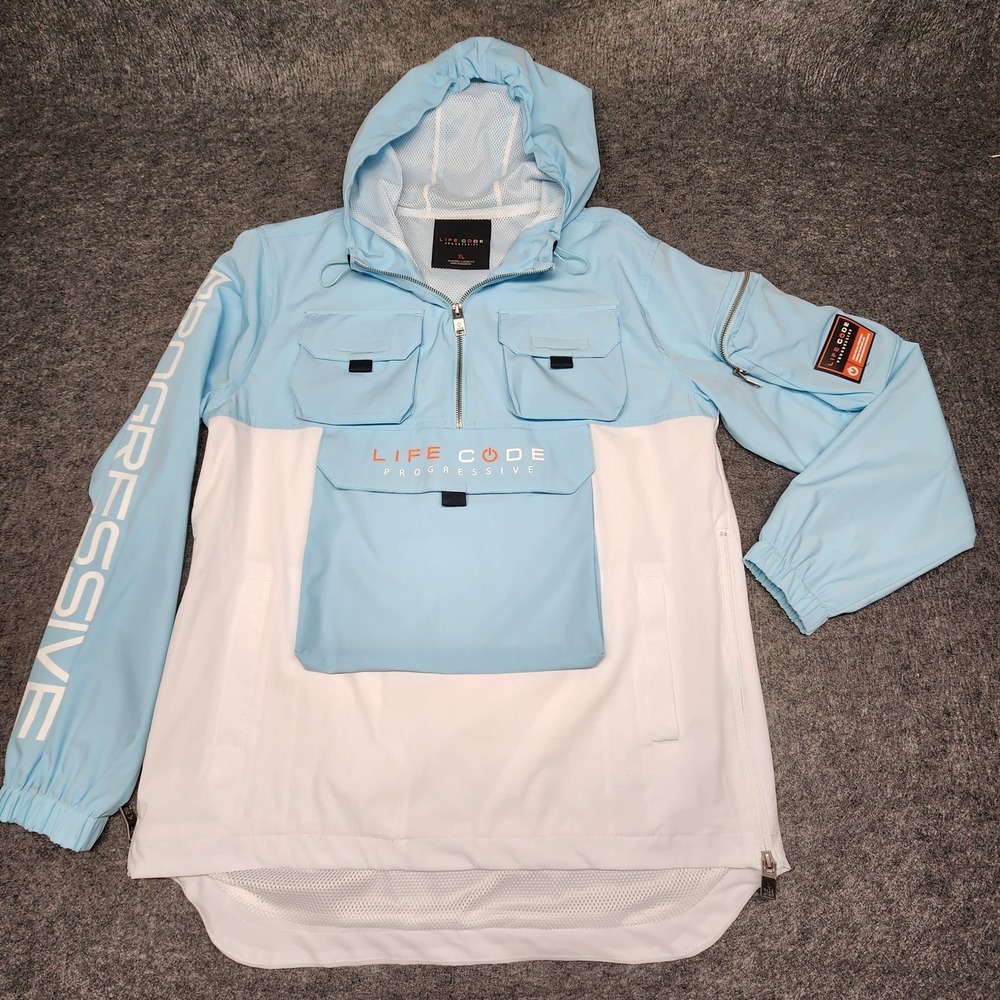 Life Code Progressive Mens Sky Blue White Pullover Jacket Utility XL Windbreaker